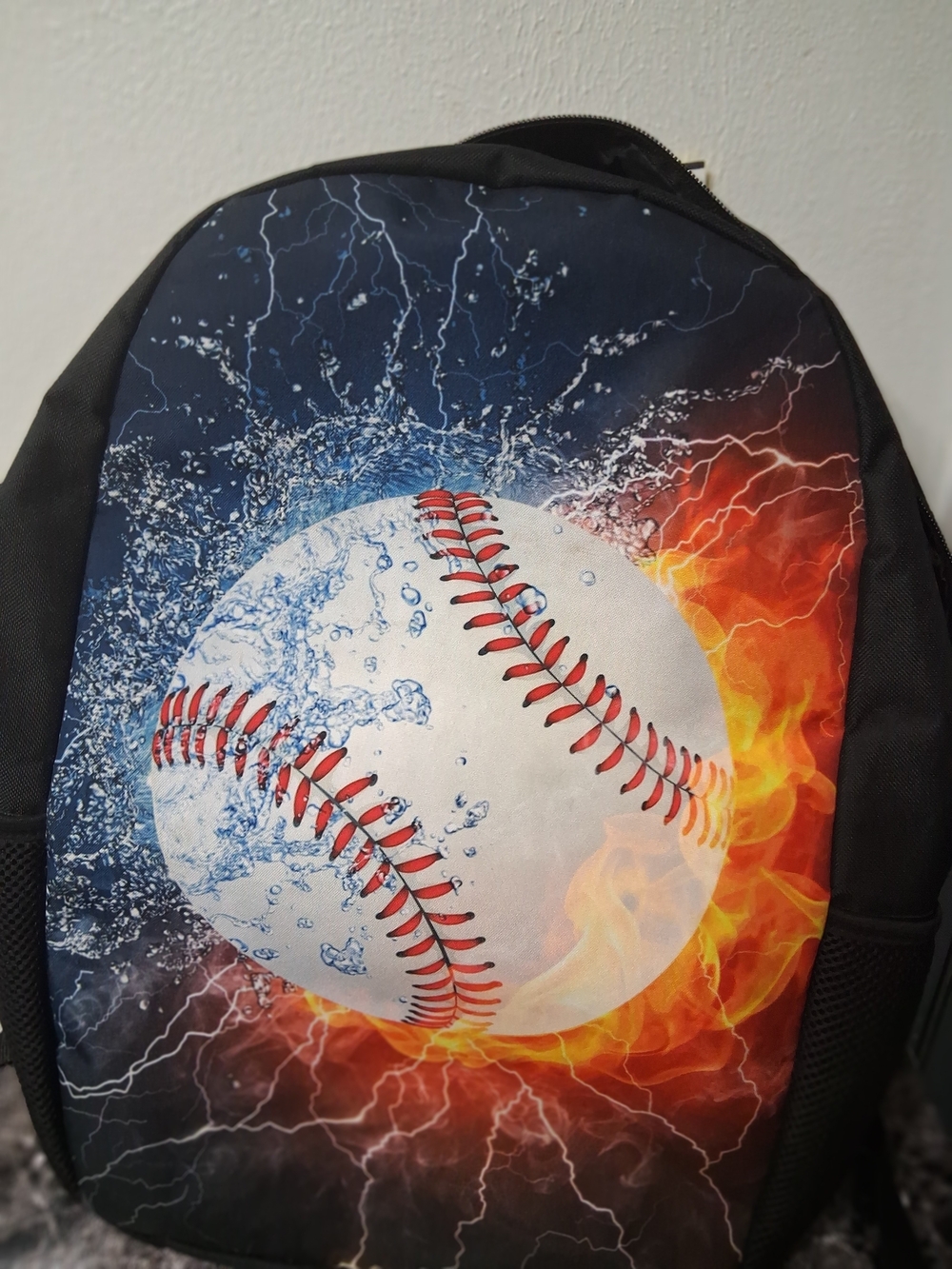 Kids Black Backpack with Fiery Baseball Graphic